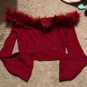 SHEIN Red Off-Shoulder Sweater with Faux Fur Trim